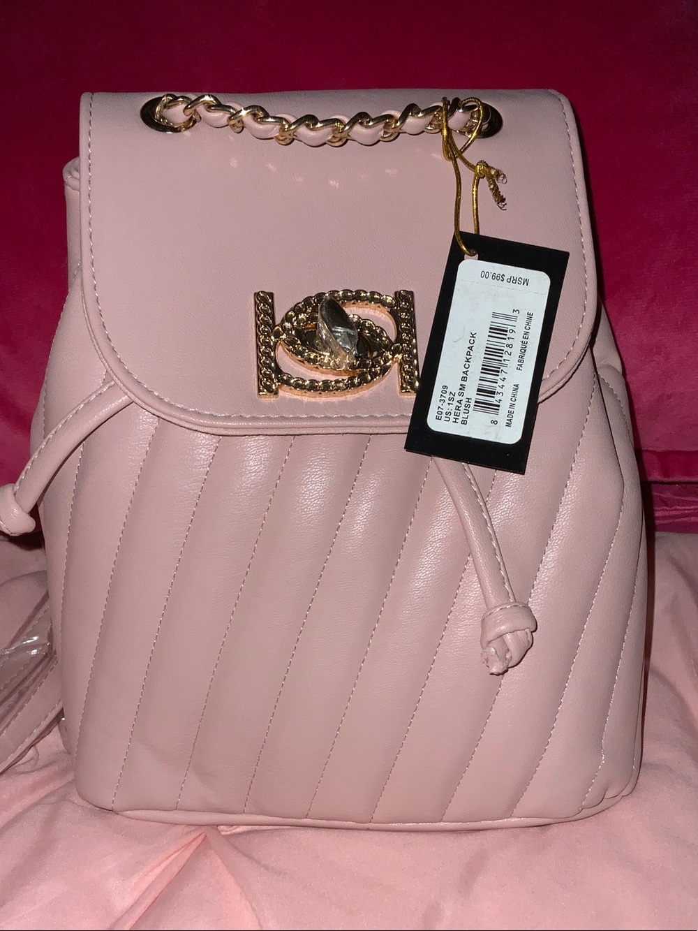 bebe Pink Quilted Mini Backpack with Gold Chain Detail